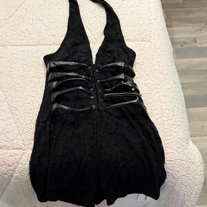 Black Lace Halter Romper with Lace-Up Detail